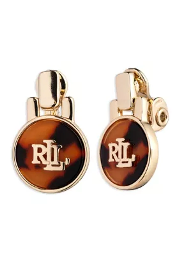 Gold Tone Dark Brown Clip Logo Tortoise Drop Earrings