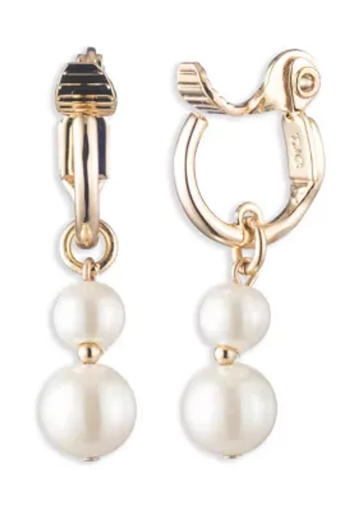 Gold Tone  Pearl Double Drop Clip Earrings