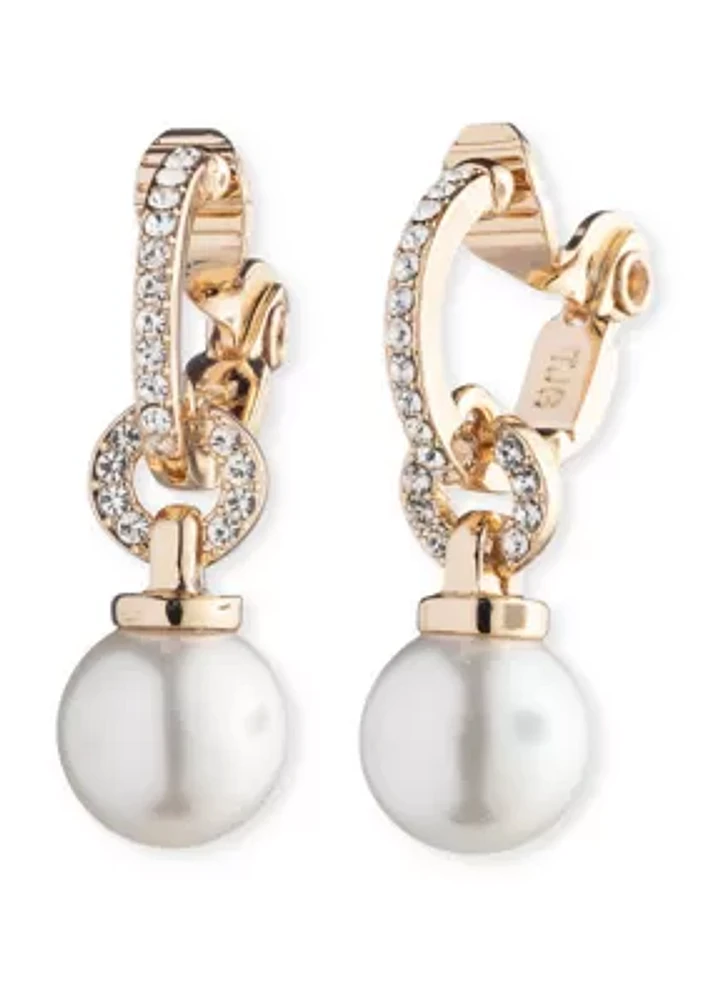 Gold Tone White Pearl Huggie Hoop Clip Earrings