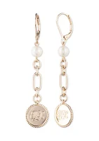 Gold Tone Pearl Coin Linear Earrings