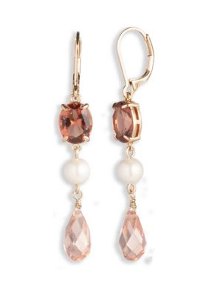 Gold Tone  Pink Pearl Bead Linear Earrings