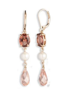 Gold Tone  Pink Pearl Bead Linear Earrings