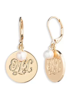 Gold Tone White Freshwater Pearl Logo Drop Earrings