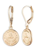 Gold Tone Coin Logo Drop Earrings