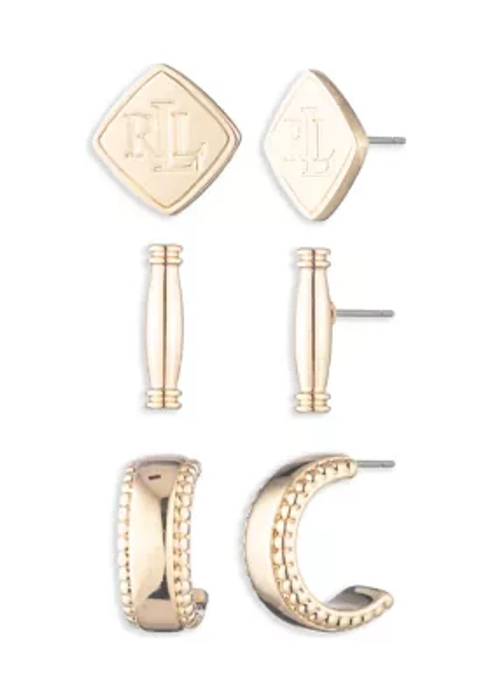 Gold Tone Logo Trio Earring Set