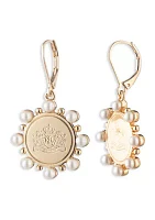 Gold Tone Pearl Coin Drop Earrings