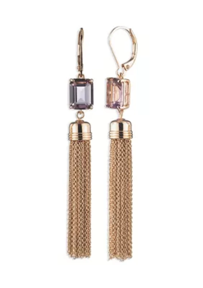 Gold Tone Pink Stone Tassel Drop Earrings