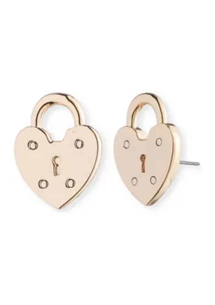 Gold Tone Heart Lock Stud Earrings