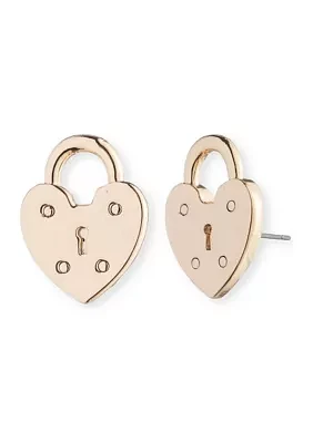 Gold Tone Heart Lock Stud Earrings