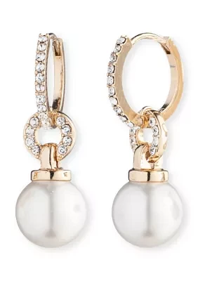 Gold Tone White Pearl Huggie Hoop Earrings