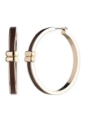 Gold Tone Brown 40 Millimeter Leather Hoop Earrings