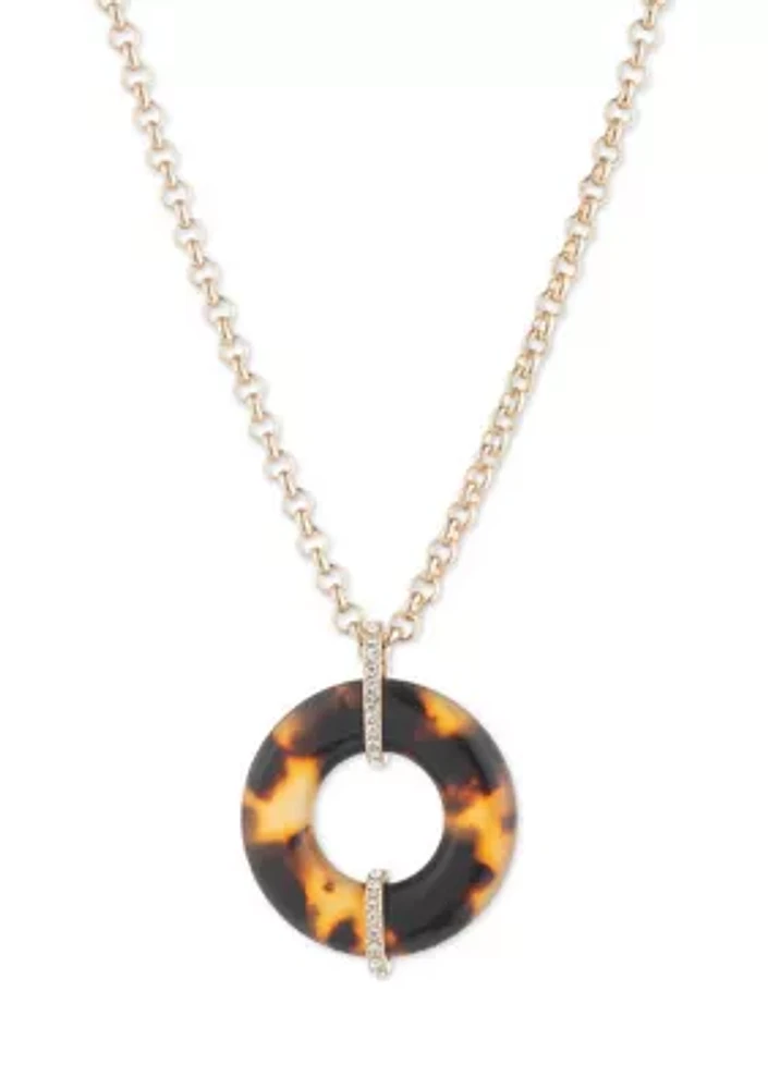 Gold Tone 16" Tortoise Shell with Crystal Pavé Pendant Necklace