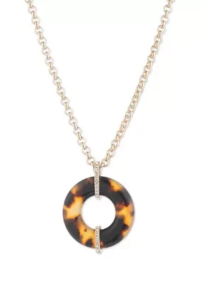 Gold Tone 16" Tortoise Shell with Crystal Pavé Pendant Necklace