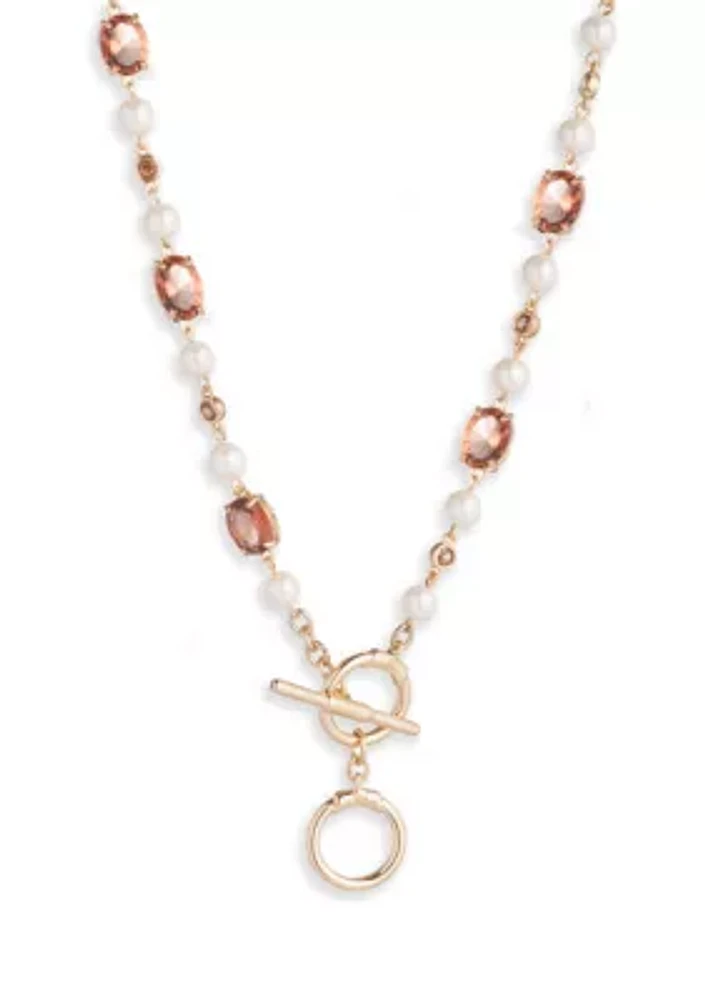 Gold Tone 16" Pink Pearl Collar Necklace