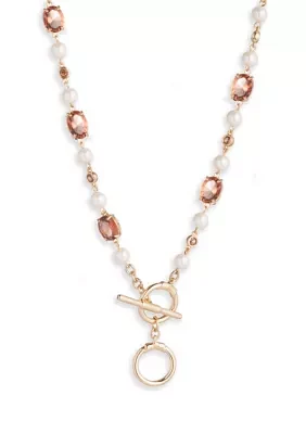 Gold Tone 16" Pink Pearl Collar Necklace