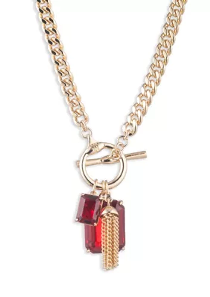 Gold Tone Siam Red Toggle Pendant Necklace