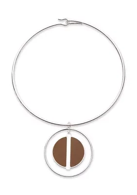 Silver Tone Brown Leather Pendant Necklace