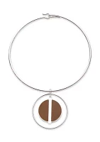 Silver Tone Brown Leather Pendant Necklace