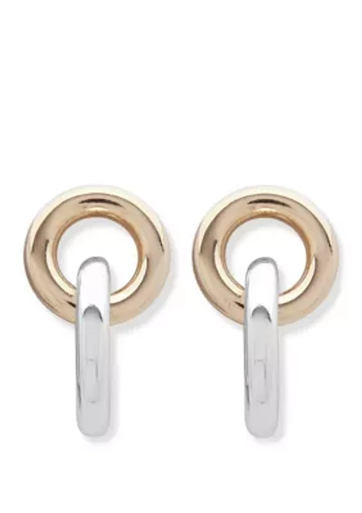 Two Tone Circle Link Post Drop Earrings