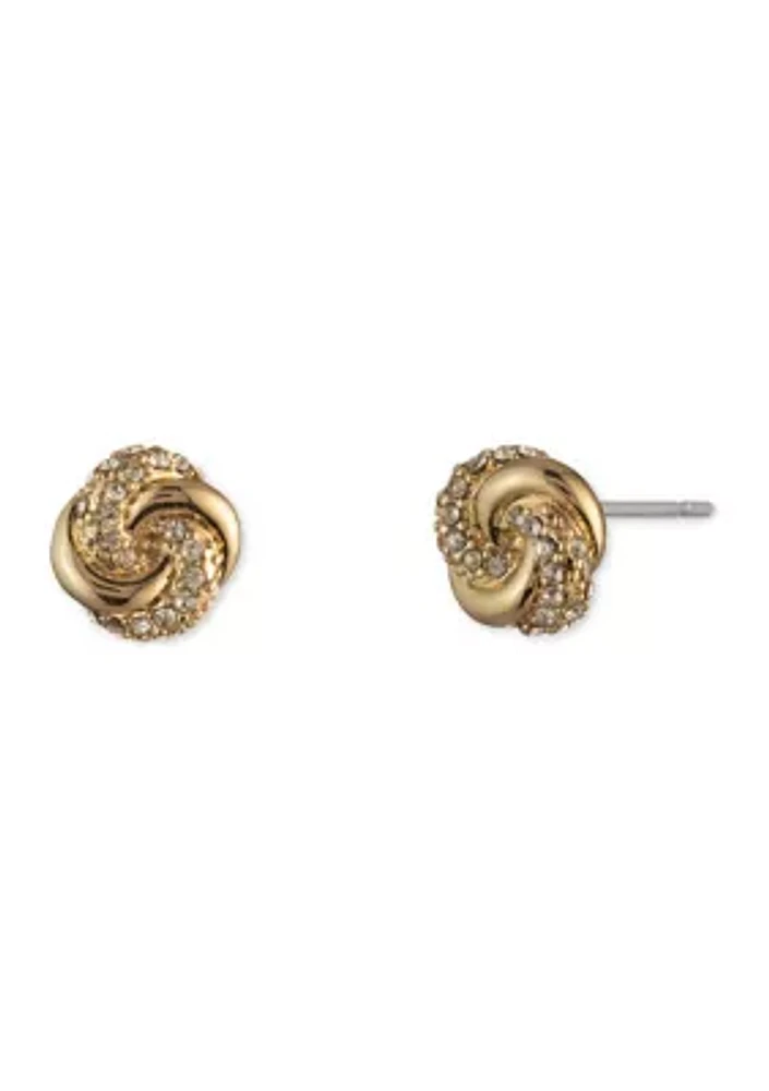 Gold Tone Small Pavé Crystal Knot Stud Earrings 