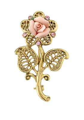 Gold Tone Pink Crystal and Porcelain Rose Brooch