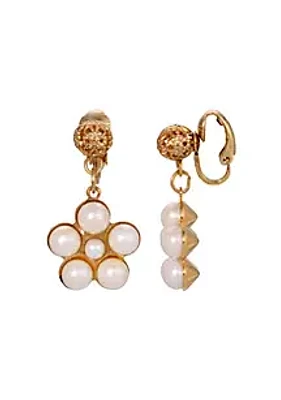 1928 Jewelry Gold-tone Faux Pearl Flower Clip Earrings
