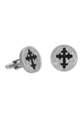 Silver-Tone Black Enamel Cross Round Cuff Links