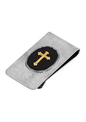 Silver Tone Black Enamel Gold Tone Cross Men's Money Clip