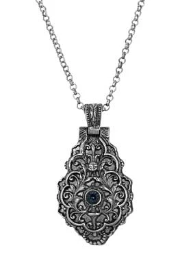 Pewter Blue Crystal Cross Locket Pendant Necklace - 28"