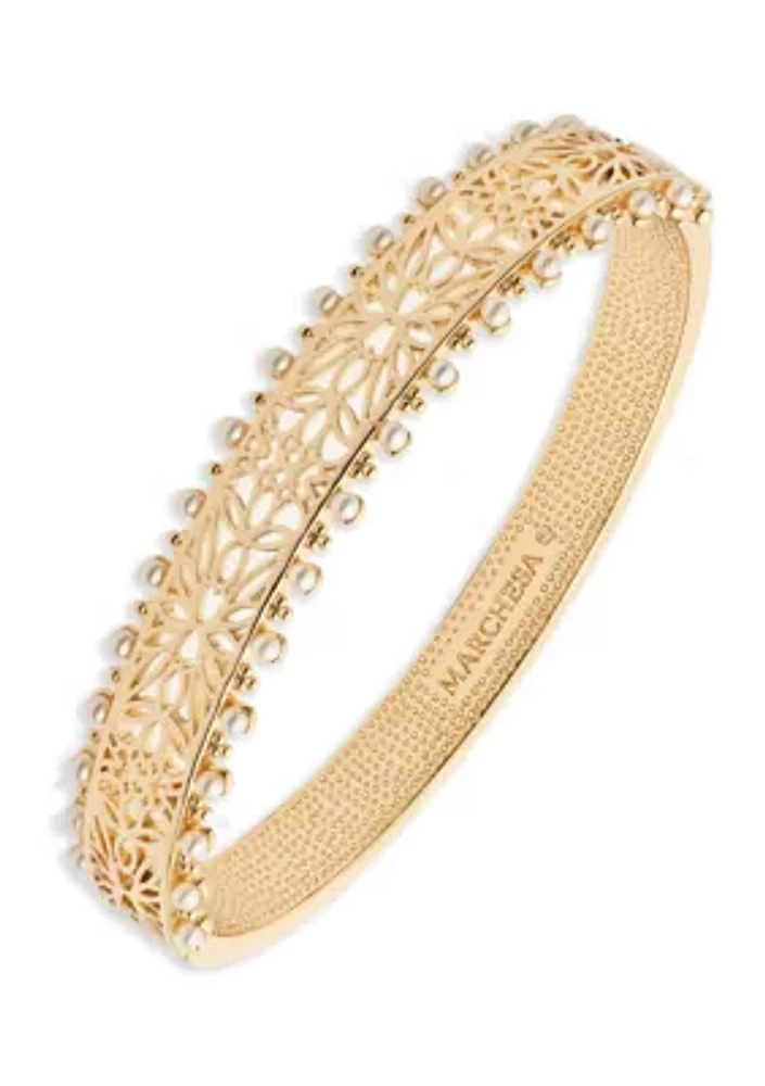 Gold Tone Pearl Filigree Bangle Bracelet