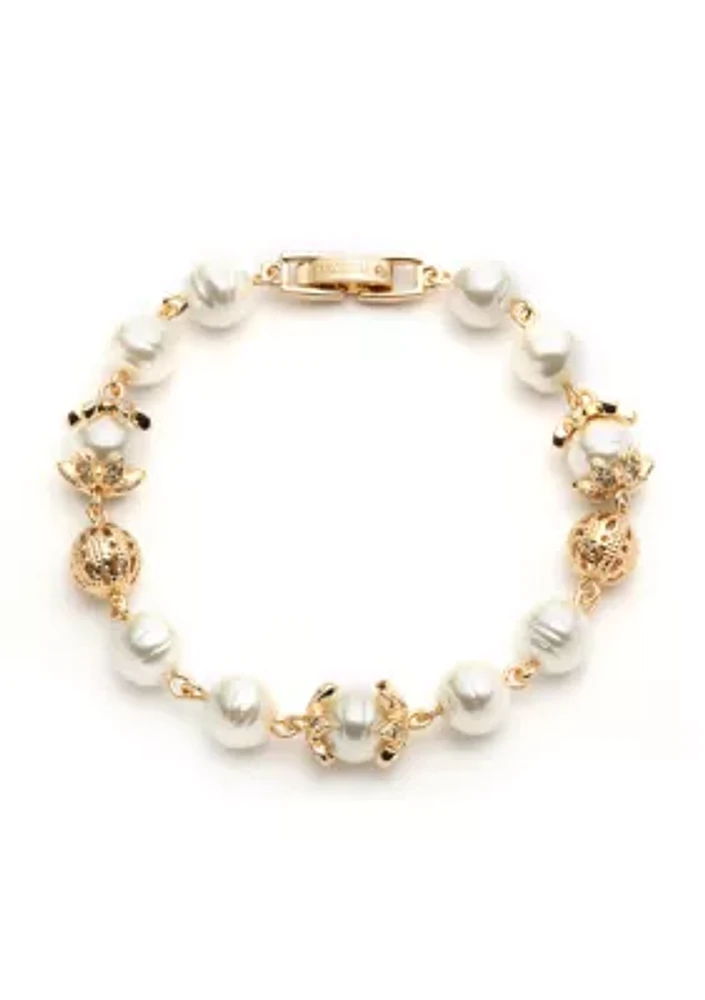 Gold Tone Pearl Filigree Flex Bracelet