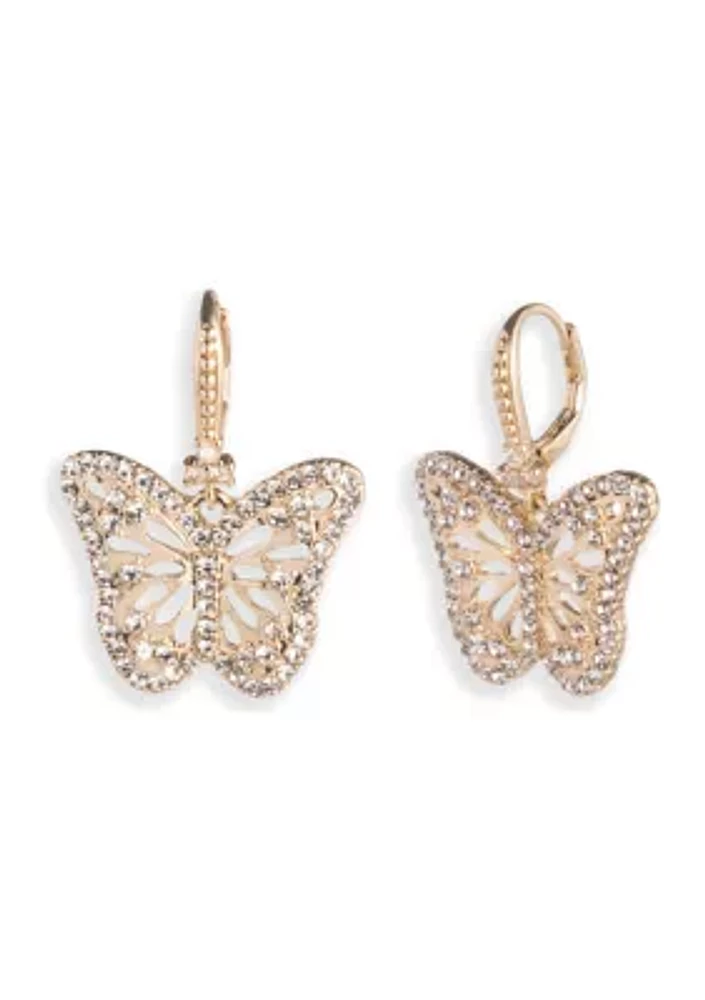 Gold Tone Crystal Butterfly Drop Earrings