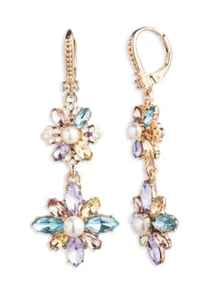 Gold Tone Crystal Floral Drop Earrings