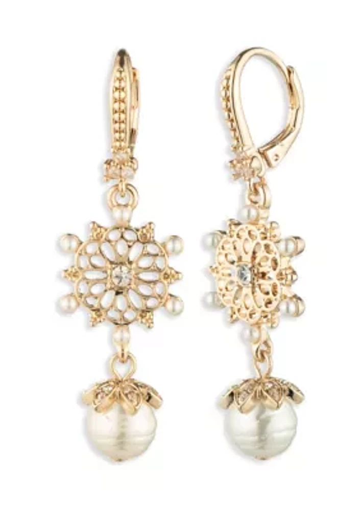 Gold Tone Pearl Filigree Double Drop Earrings