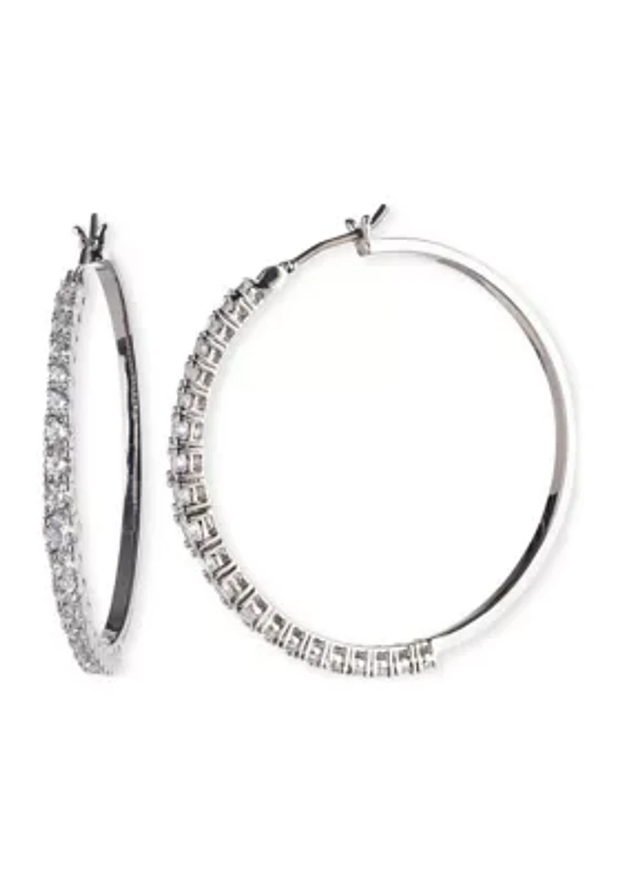 Silver Tone Crystal 35 Millimeter Hoop Earrings