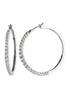 Silver Tone Crystal 35 Millimeter Hoop Earrings