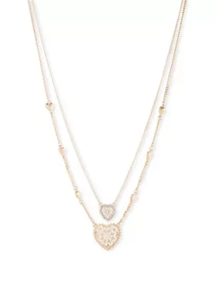 Gold Tone 2 Row Heart Pendant Necklace