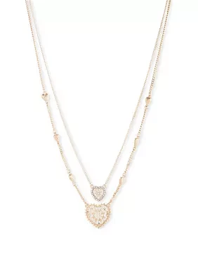 Gold Tone 2 Row Heart Pendant Necklace