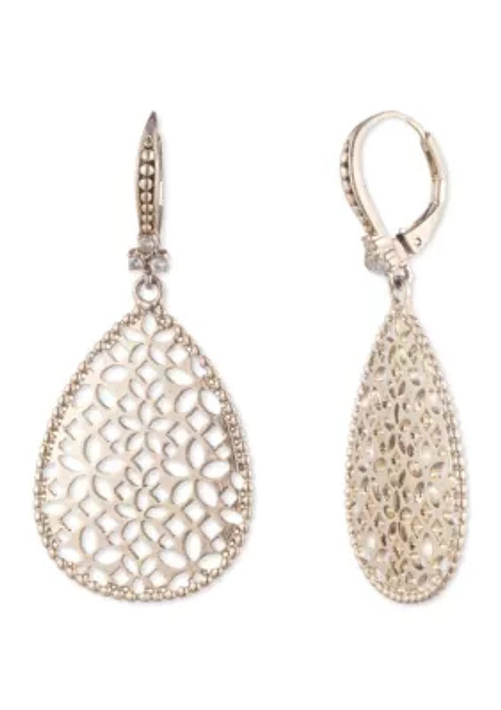 Gold Tone Teardrop Filigree Drop Earrings 