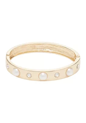 Gold Tone Pearl Hinge Bangle Bracelet