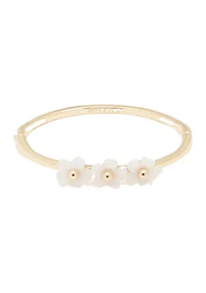 Gold Tone White Resin Flower Hinge Cuff Bracelet