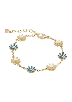 Gold Tone Blue Flower Flex Bracelet