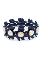 Gold Tone Blue Flower Pearl Stretch Bracelet