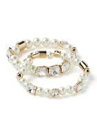 Gold Tone Pearl Crystal Stretch Bracelet Set