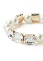 Gold Tone Pearl Crystal Stretch Bracelet Set