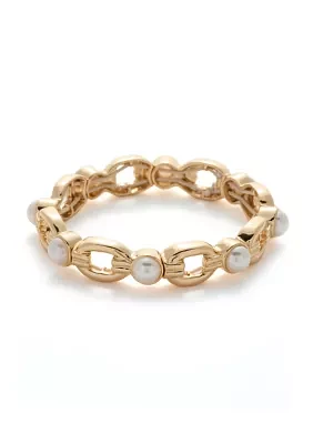 Gold Tone Pearl Link Stretch Bracelet