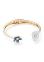 Gold tone Blue Flower Hinge Bangle Bracelet