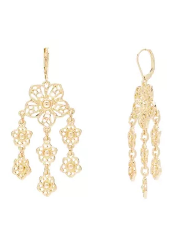 Gold Tone Flower Lever Back Chandelier Earrings