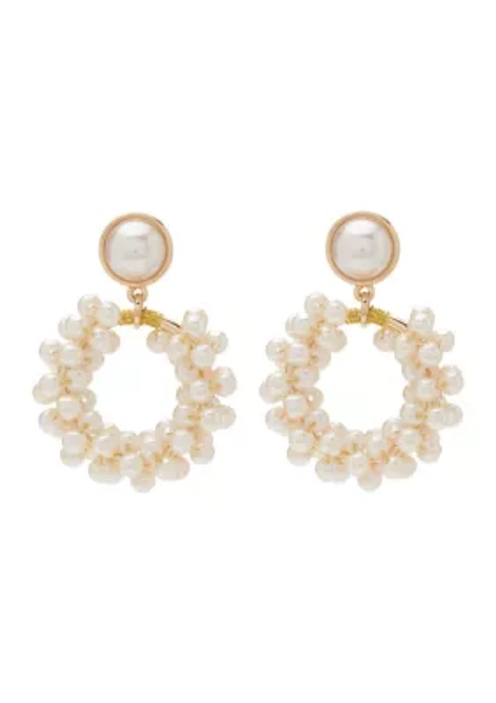 Gold Tone Pearl Cluster Drop Hoop Earrings