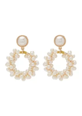 Gold Tone Pearl Cluster Drop Hoop Earrings